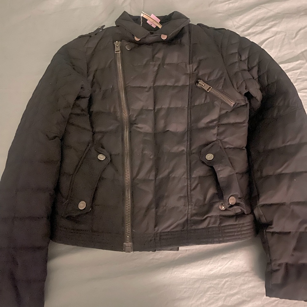 Sorel black goose down moto jacket.
